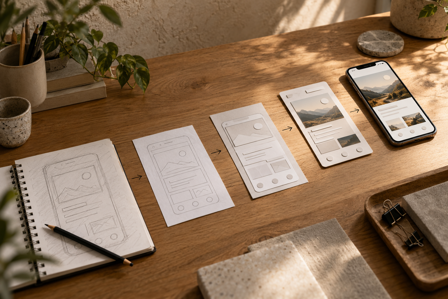 Five physical stages from sketch to working mobile prototype