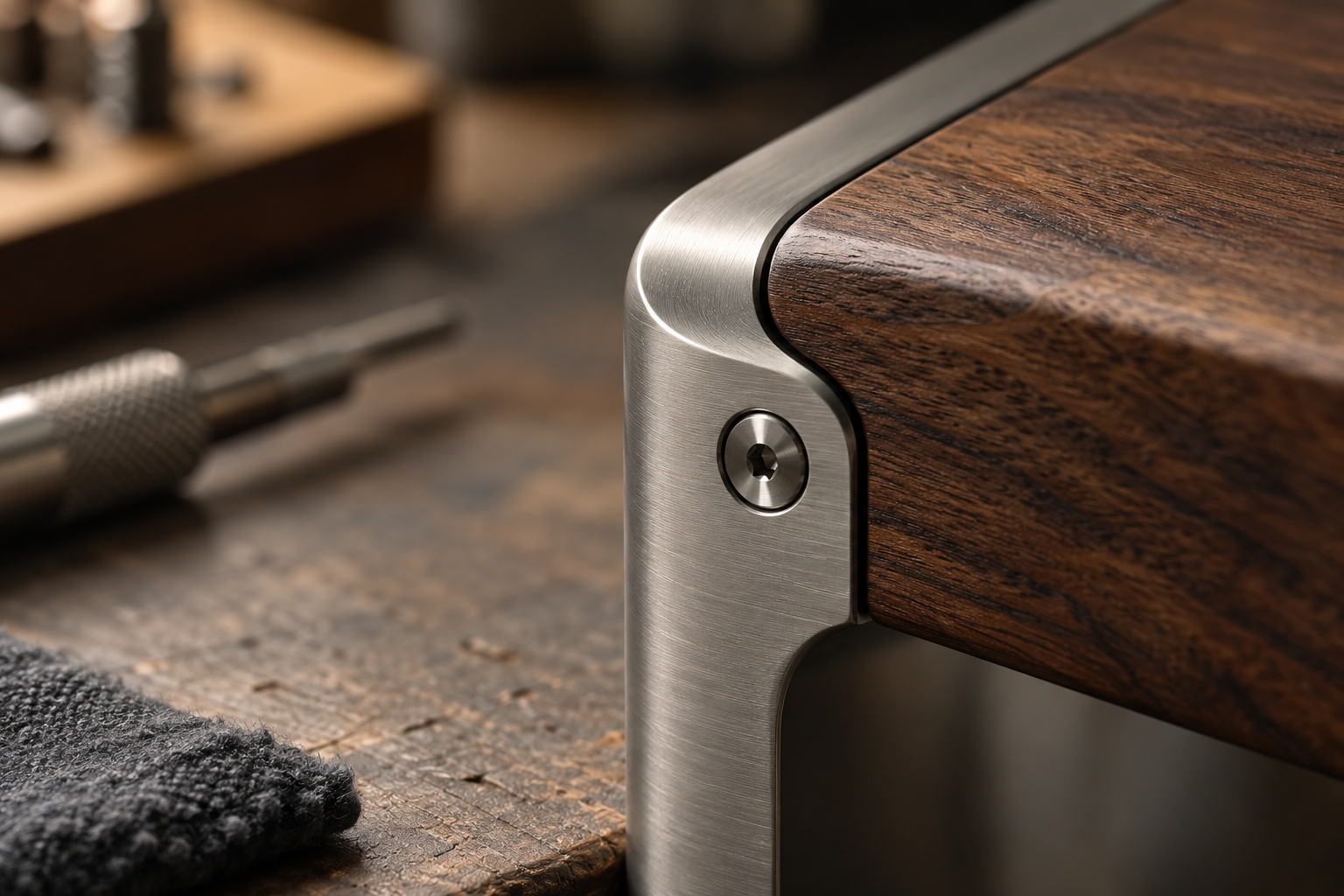 Precise junction between brushed metal and walnut