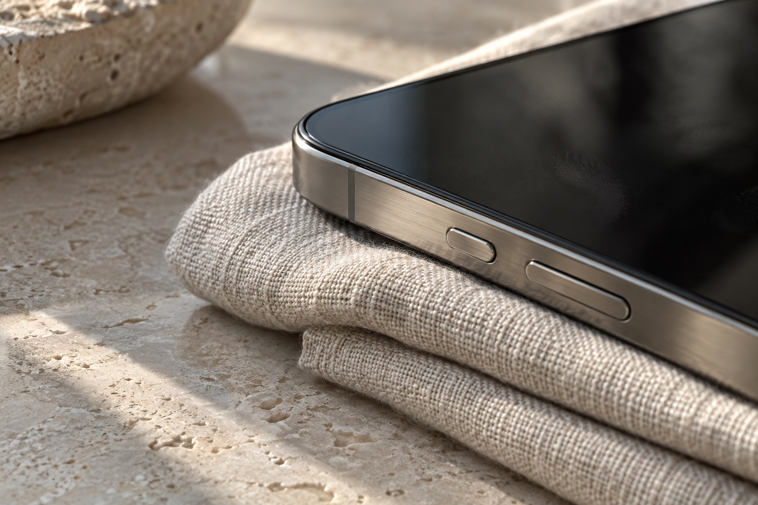 Precision titanium smartphone edge on natural linen