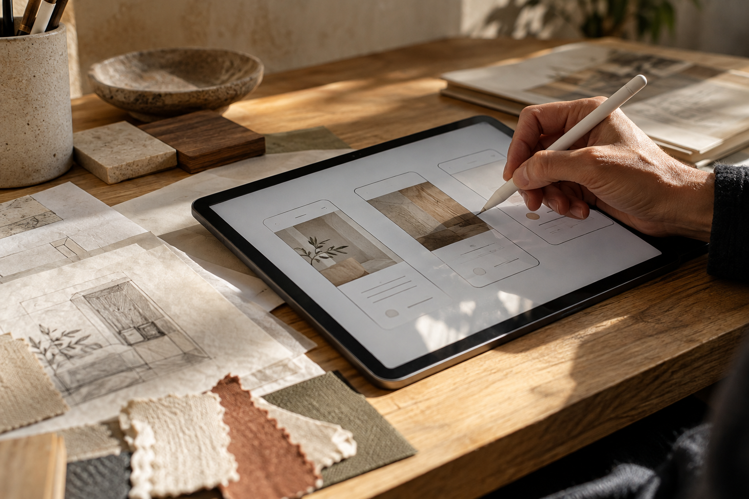 Designer using a stylus on a tablet interface