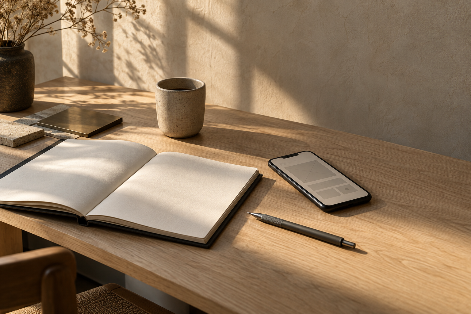 Project planning table with notebook, mobile wireframe, pencil and material samples