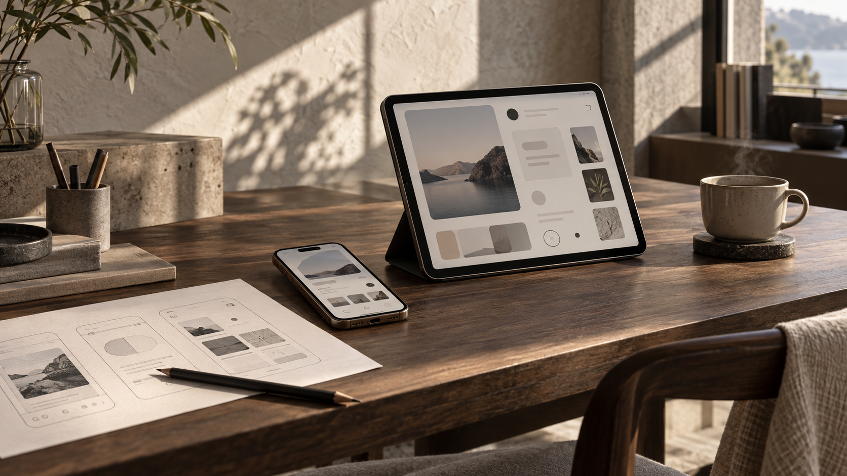 A mobile product designer's desk with devices, paper interface sketches, pencil and coffee