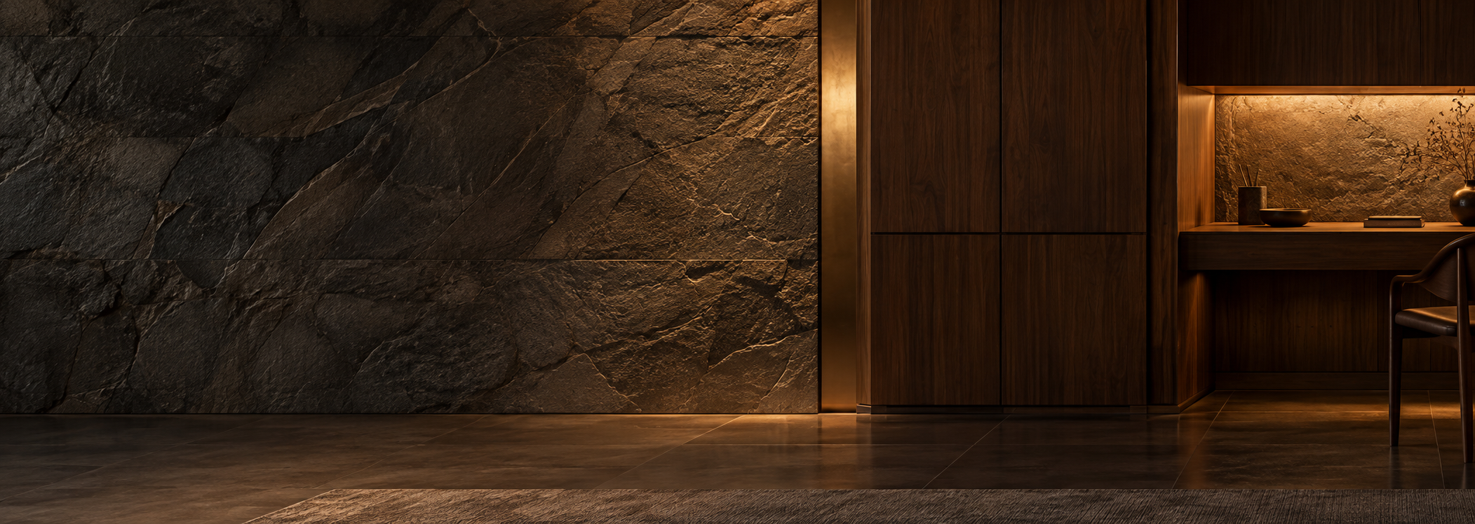 Dark natural stone, walnut and bronze architectural interior