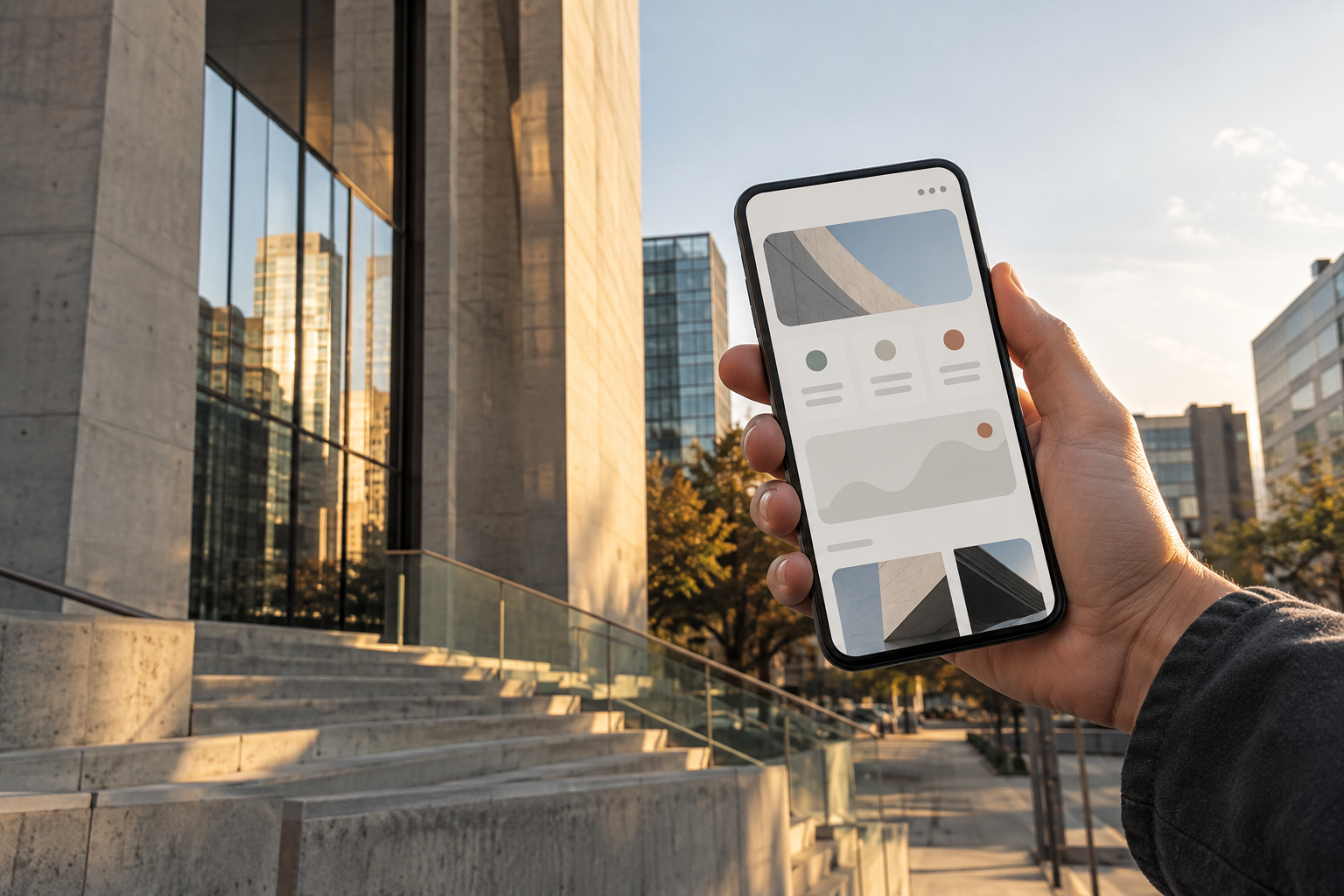 Modern Android phone held against concrete city architecture