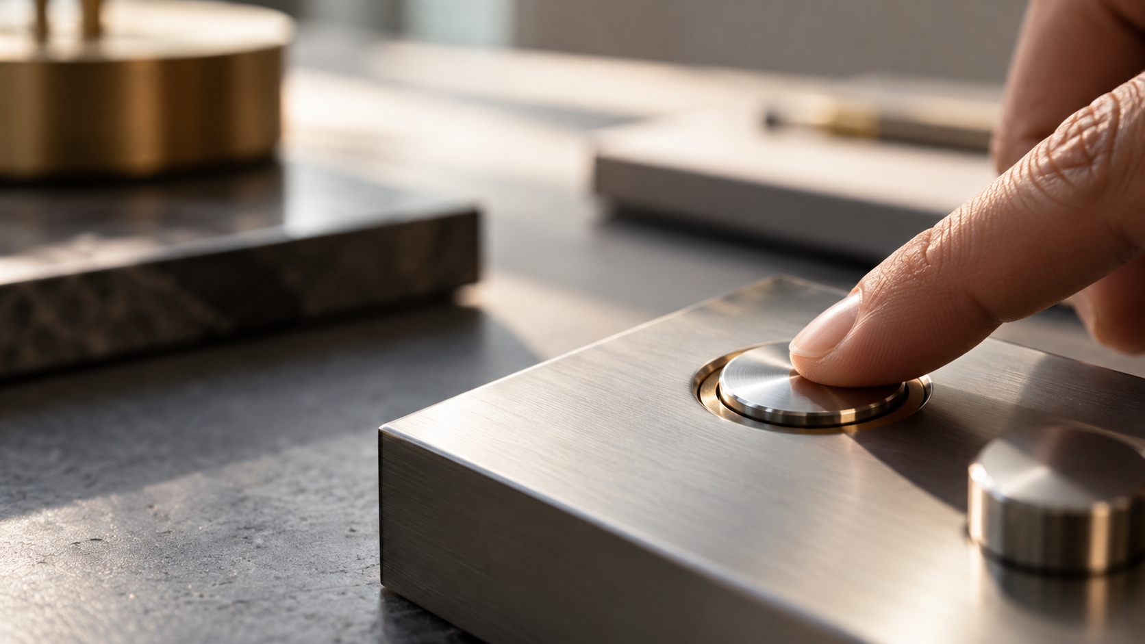 Finger pressing a precision-machined physical launch button
