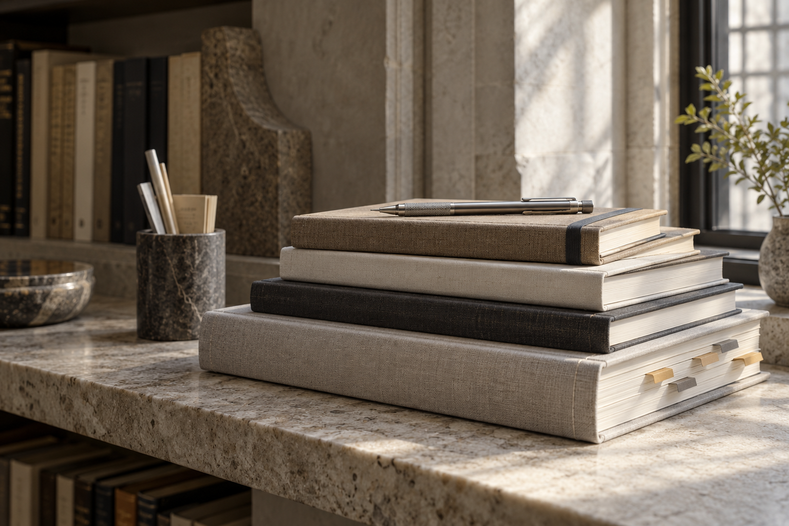 Carefully organized clothbound service books and notebooks
