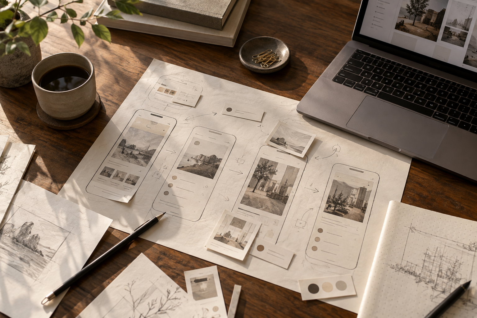 Printed mobile app prototype beside an open laptop