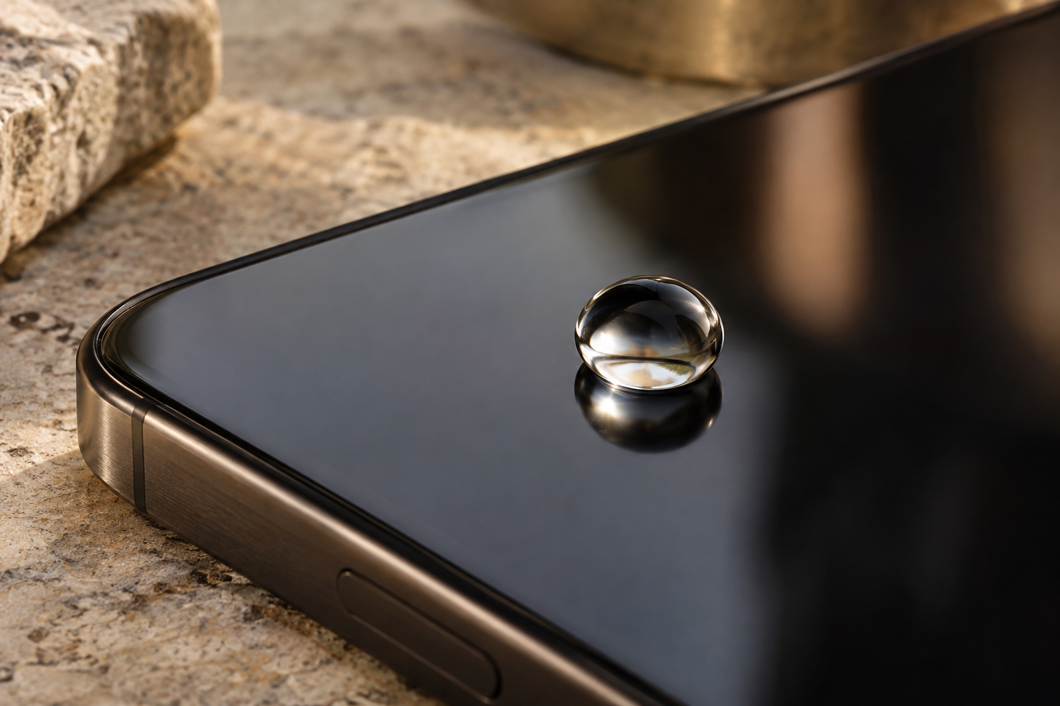 Clear water droplet on polished smartphone glass